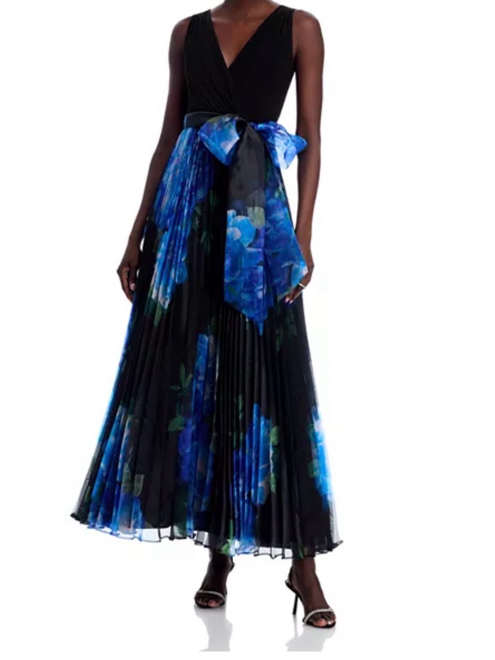 Eliza J Black Maxi Skirt with Blue Floral Print and Sash